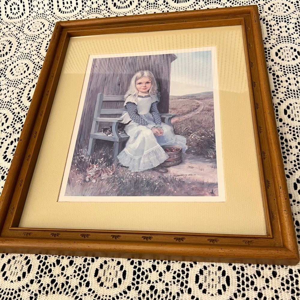 Vintage Framed Print Girl w/ Kittens  | N. Johansen Struck |  Cottage Farmhouse